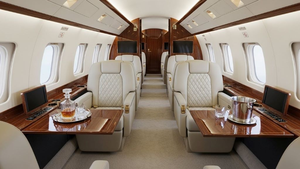 Luxury private jet interior with leather seats and wood paneling for transatlantic celebrity travel