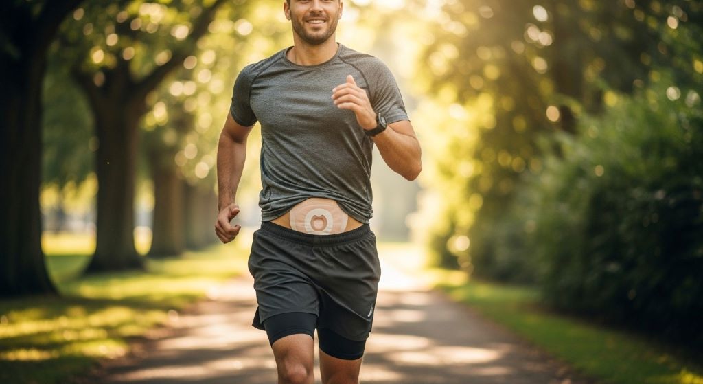Person wearing athletic clothing with discreet ostomy bag demonstrating active lifestyle with stoma