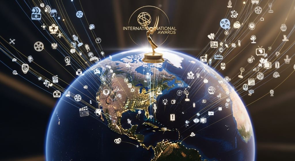 Globe showing streaming icons representing international Emmy Awards broadcast