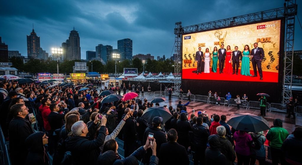 Emmy Awards red carpet ceremony with international viewers watching on screen