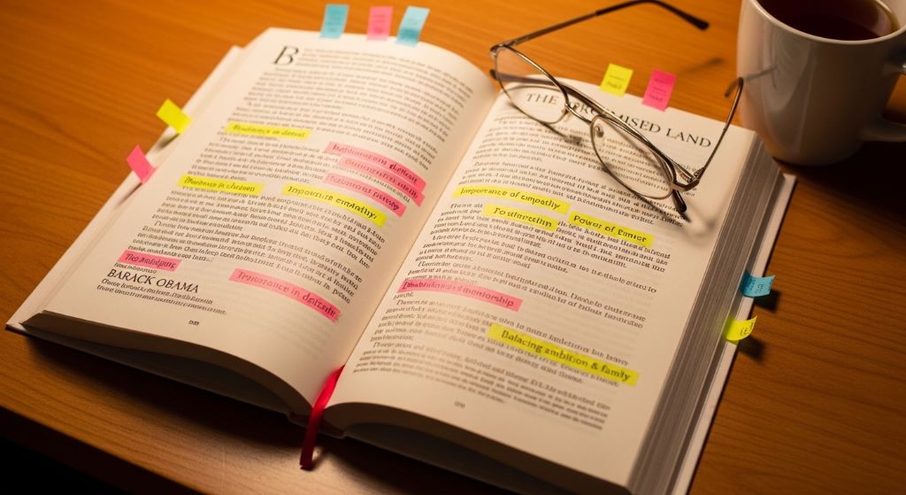 Open book with highlighted notes representing life lessons from The Promised Land